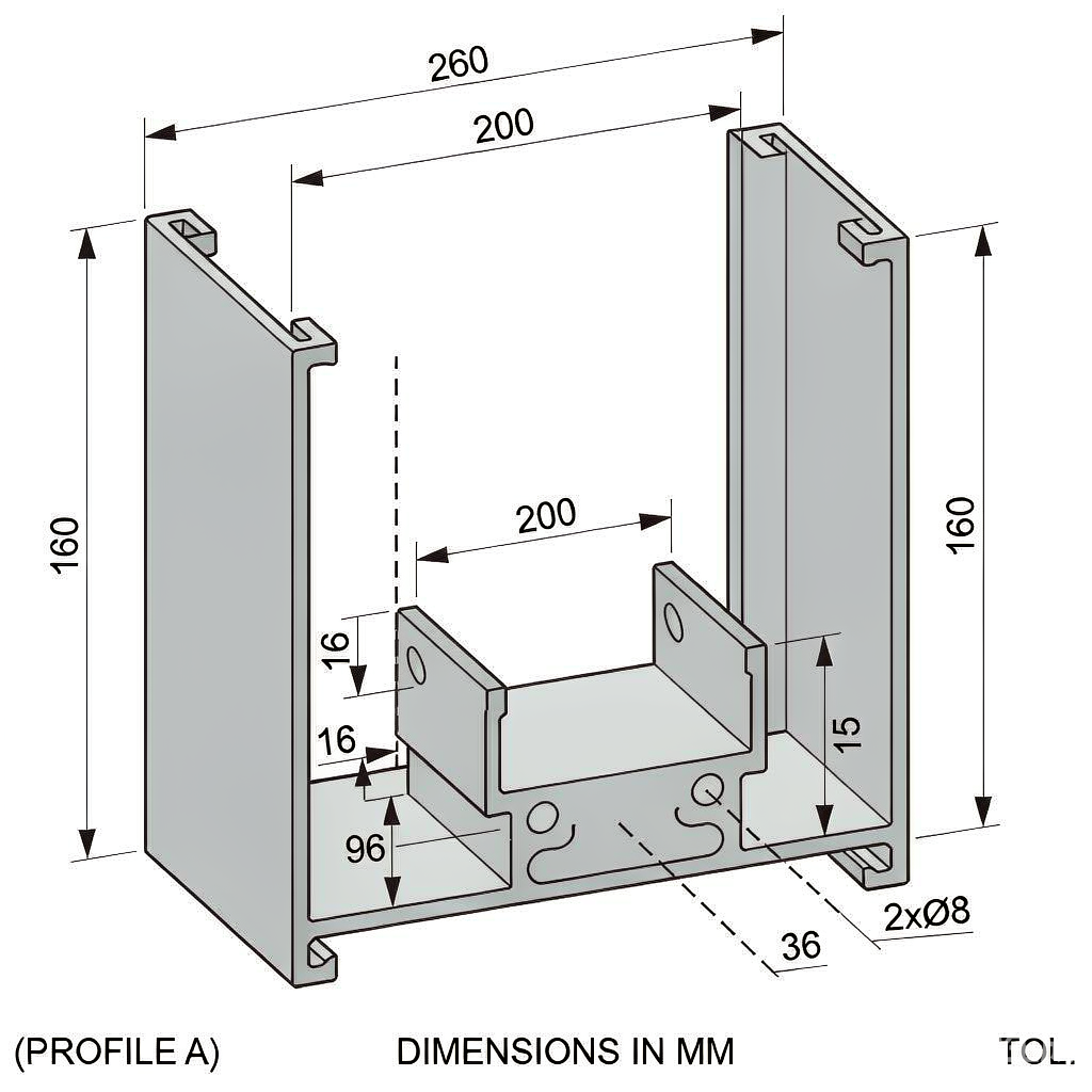 Aluminium extrusion profile cross-section with dimensional measurement points and tolerance zones