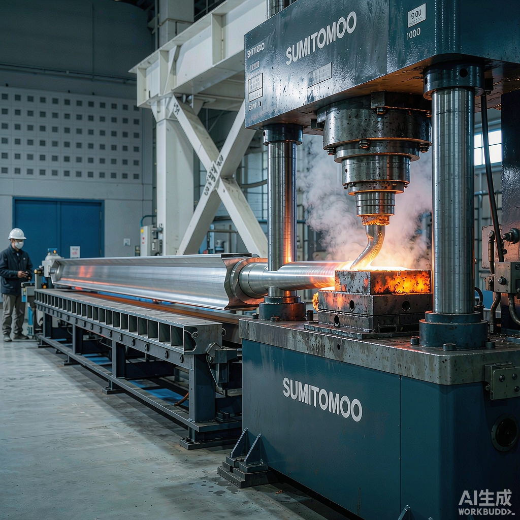 Aluminium extrusion press in operation with hot profile emerging from the die at NA-VIEW factory