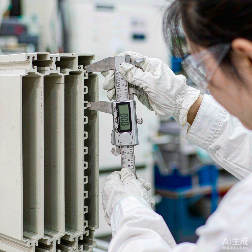 Quality control inspector using digital calipers to measure aluminium extrusion profile wall thickness at NA-VIEW factory