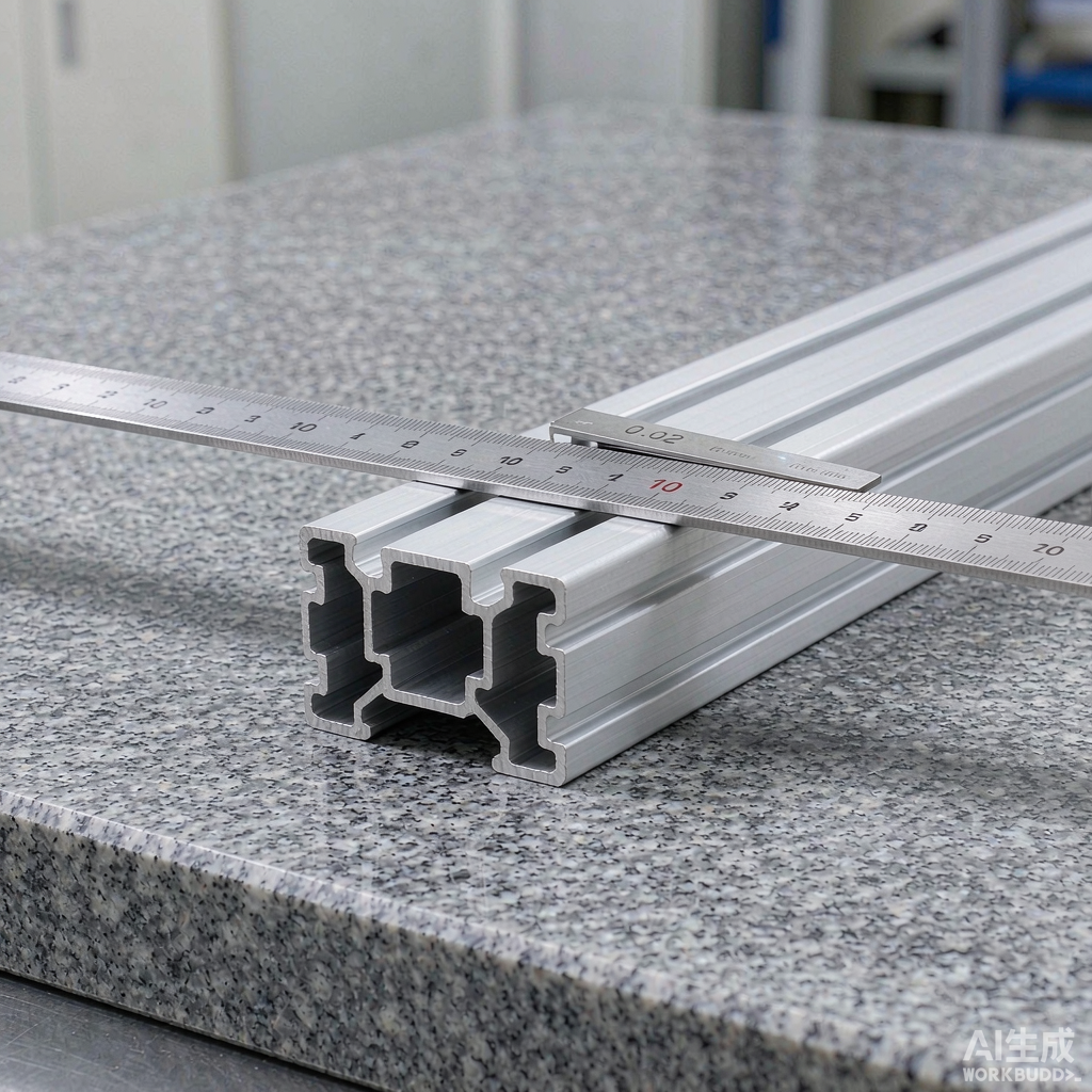 Aluminium extrusion profile on granite surface plate with straightedge measuring straightness tolerance