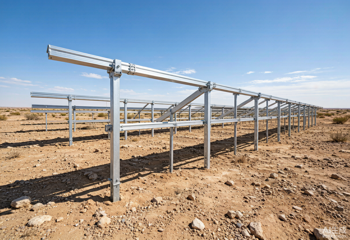 Aluminium solar ground-mount profile structure with horizontal rail beams and steel driven piles
