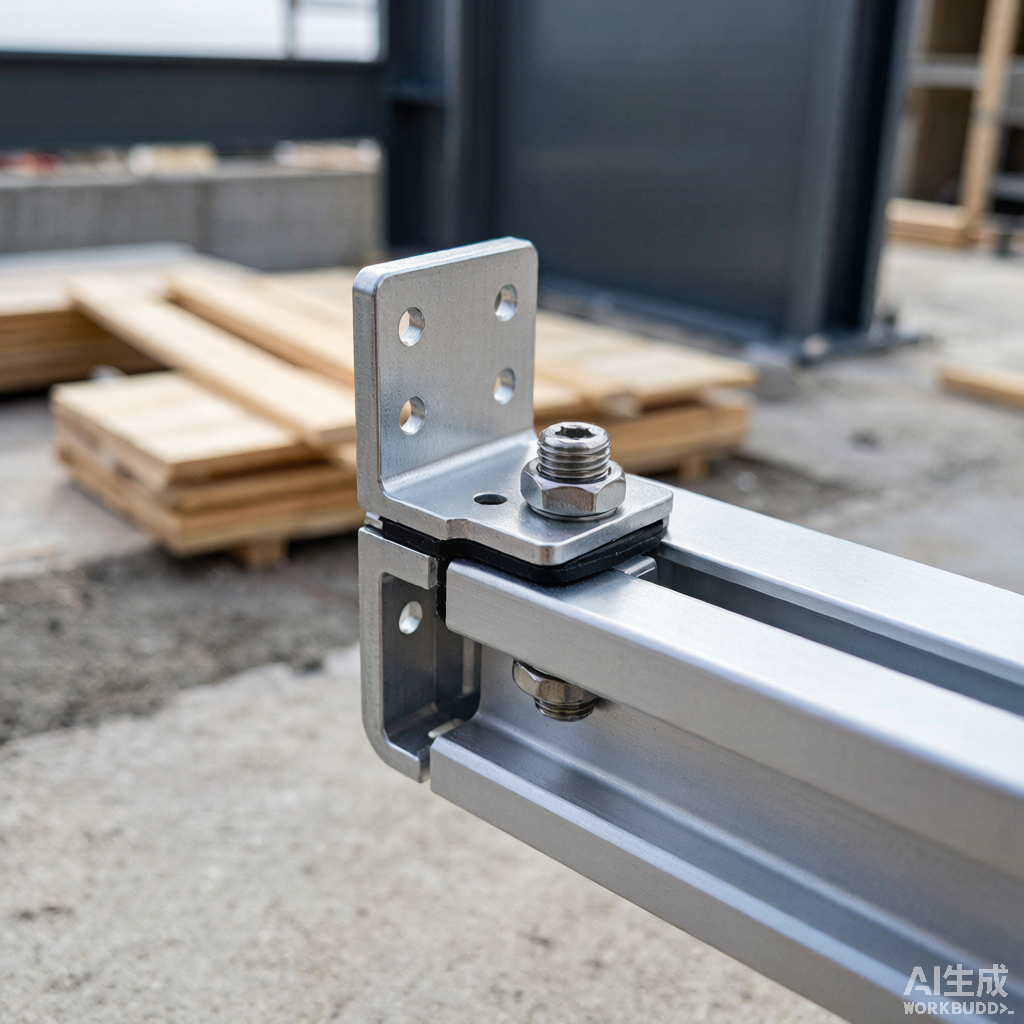Aluminium solar mounting rail to leg L-foot bracket connection with stainless steel bolt and mid-clamp on a construction site