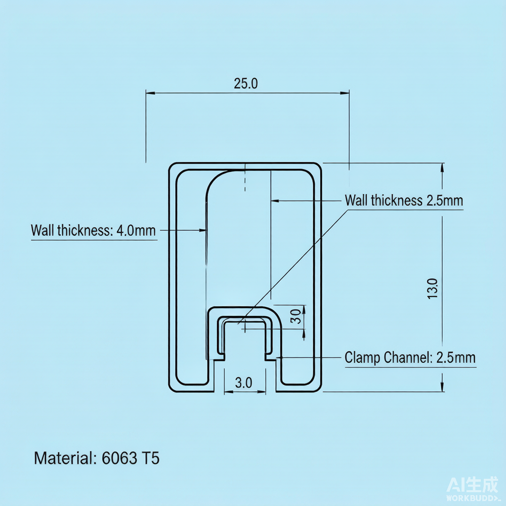 Cross-section drawing of a typical 6063 T5 aluminium solar mounting rail with integrated clamp channel