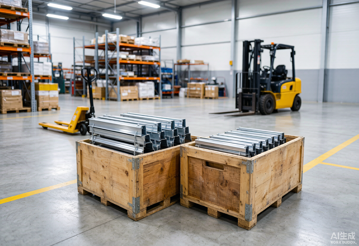 NA-VIEW aluminium extrusion workshop with stacked anodised aluminium solar mounting rails in wooden export crates