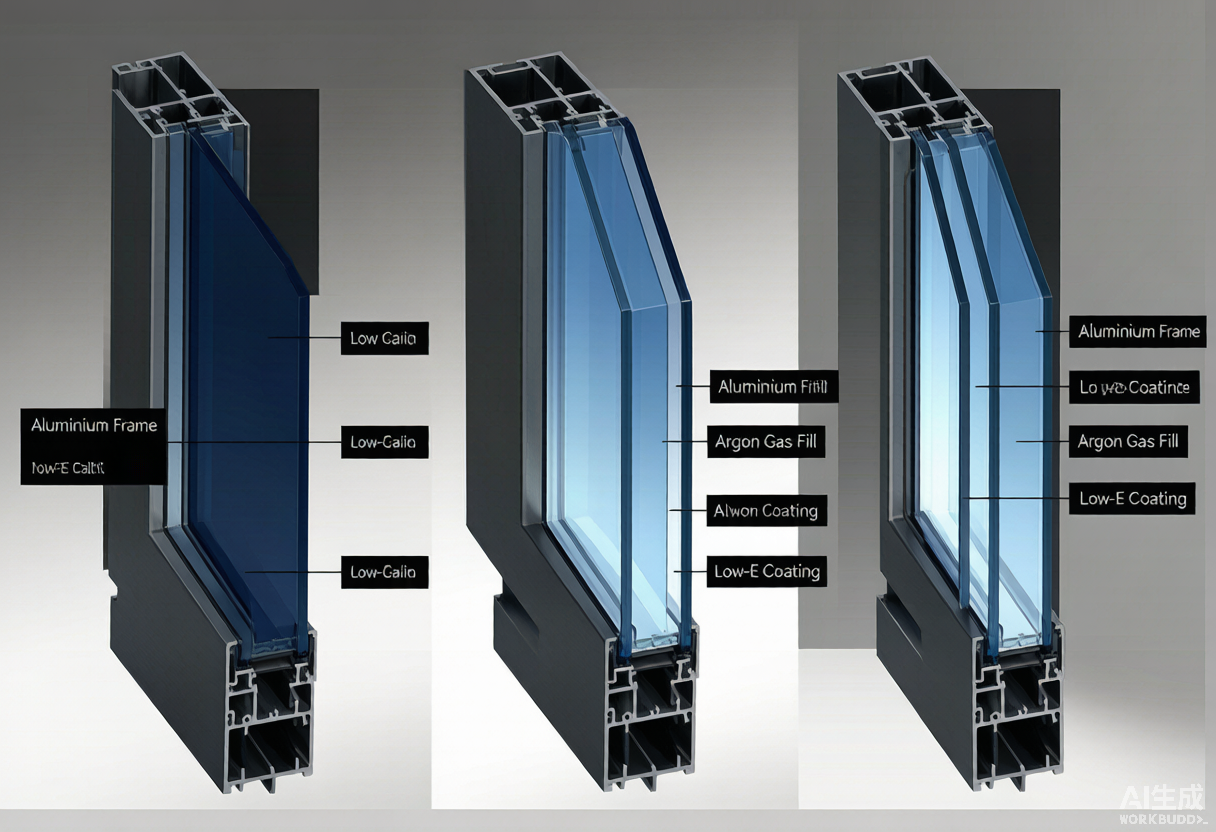 Comparison of single, double and triple glazing for aluminium sliding windows with Low-E and argon labels