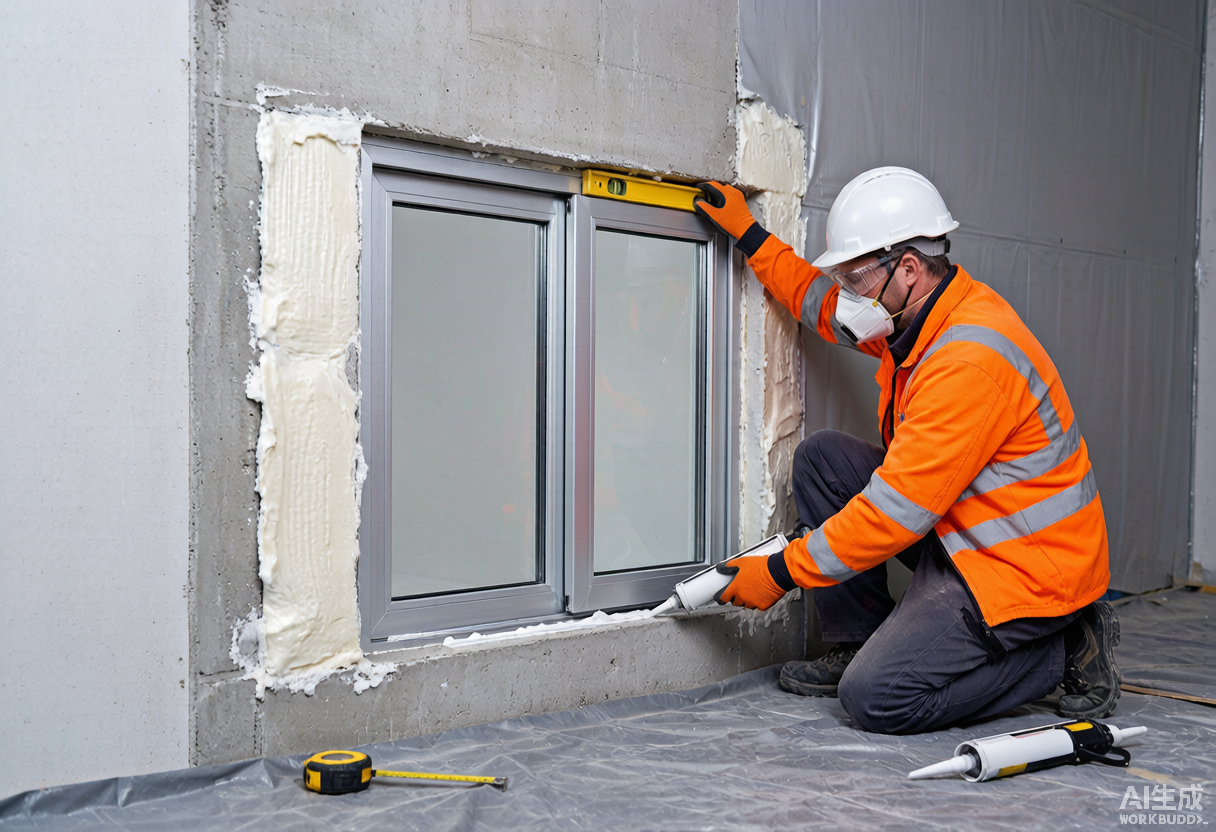Workers installing an aluminium sliding window frame with a level tool at a construction site