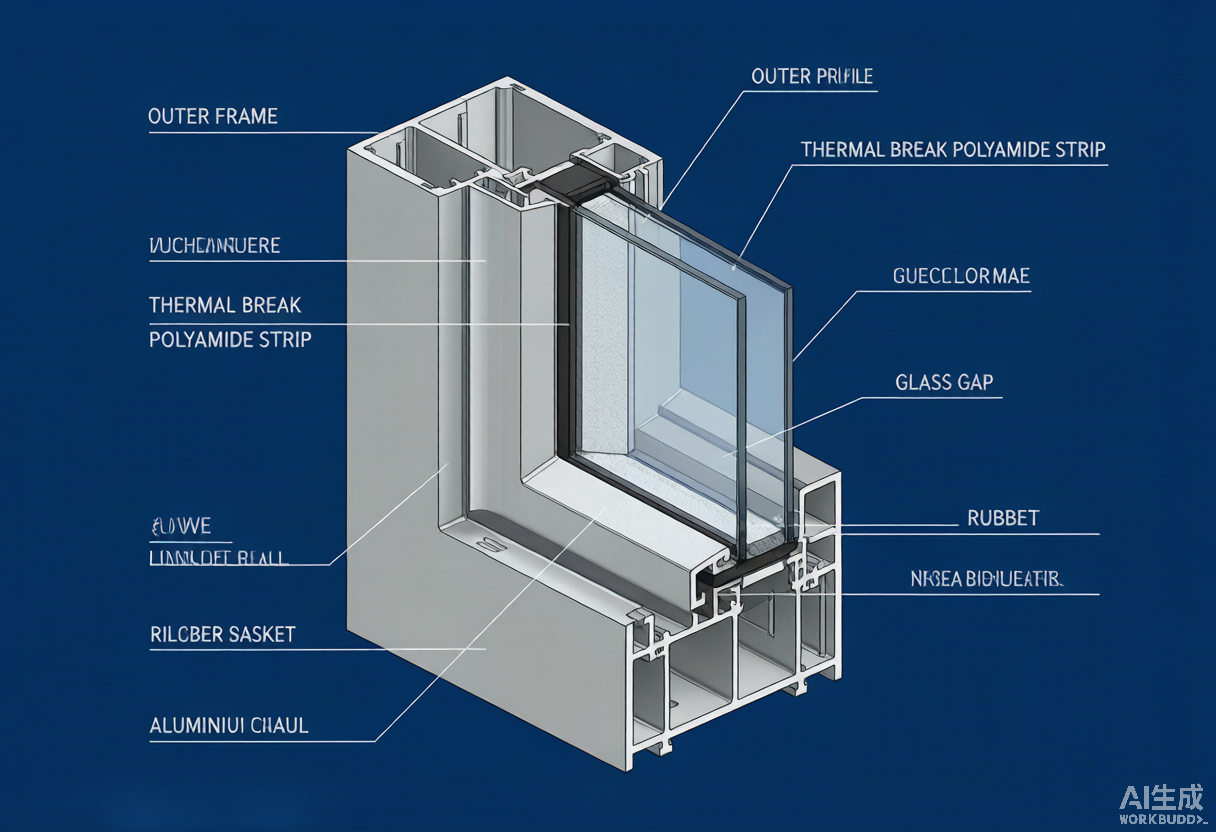 Aluminium sliding window profile cross-section showing frame, sash, gasket and glazing chambers