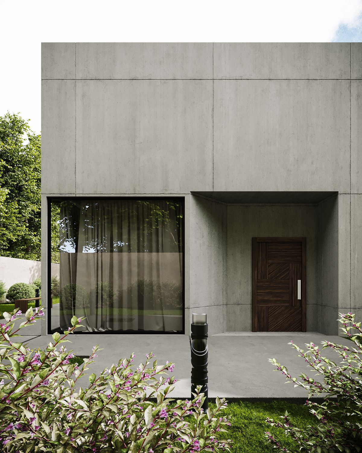 Aluminium pivot door integrated into a modern concrete facade