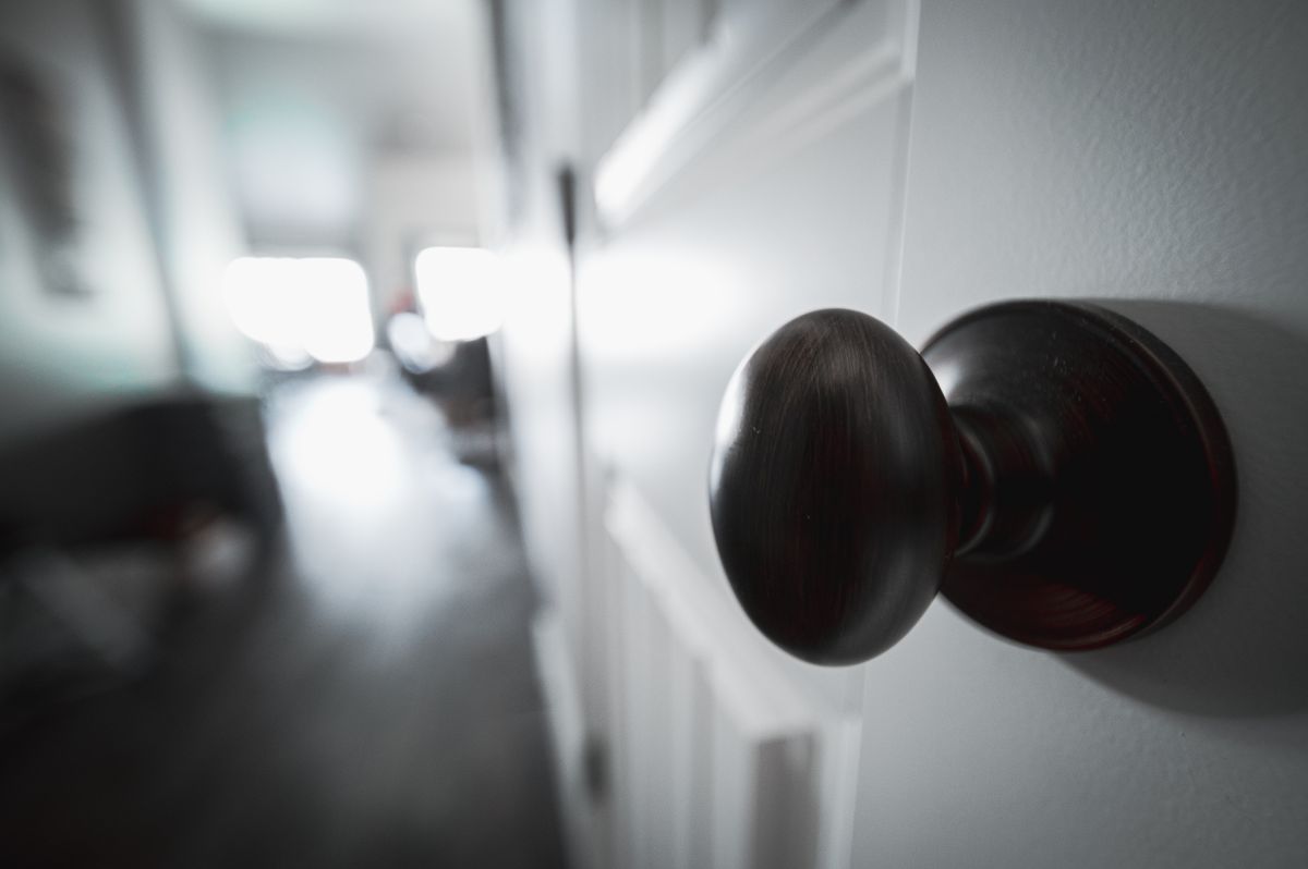 Door hardware detail specified for an aluminium pivot door